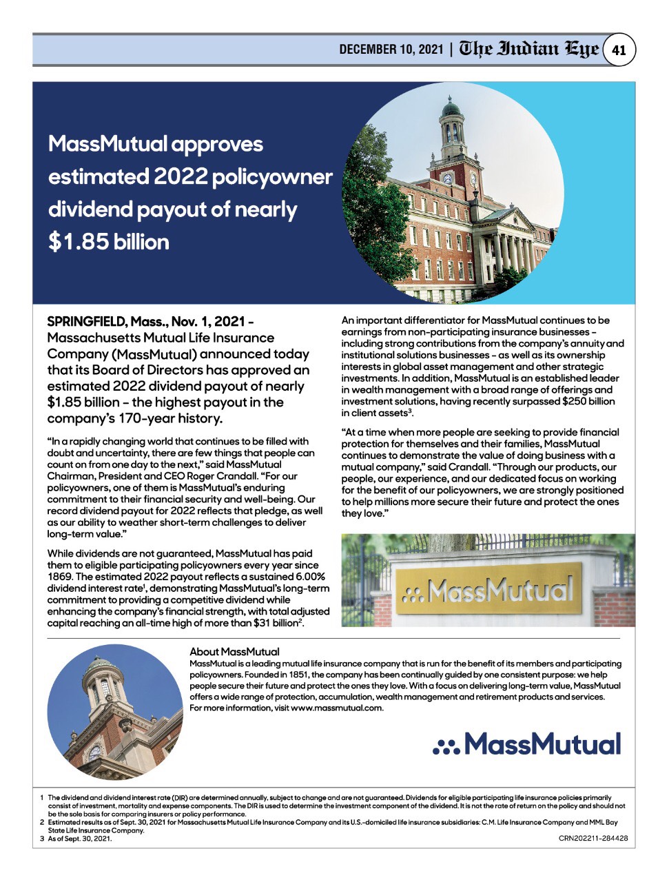 MassMutual approves estimated 2022 Policyowner dividend payout of nearly $1.85 billion